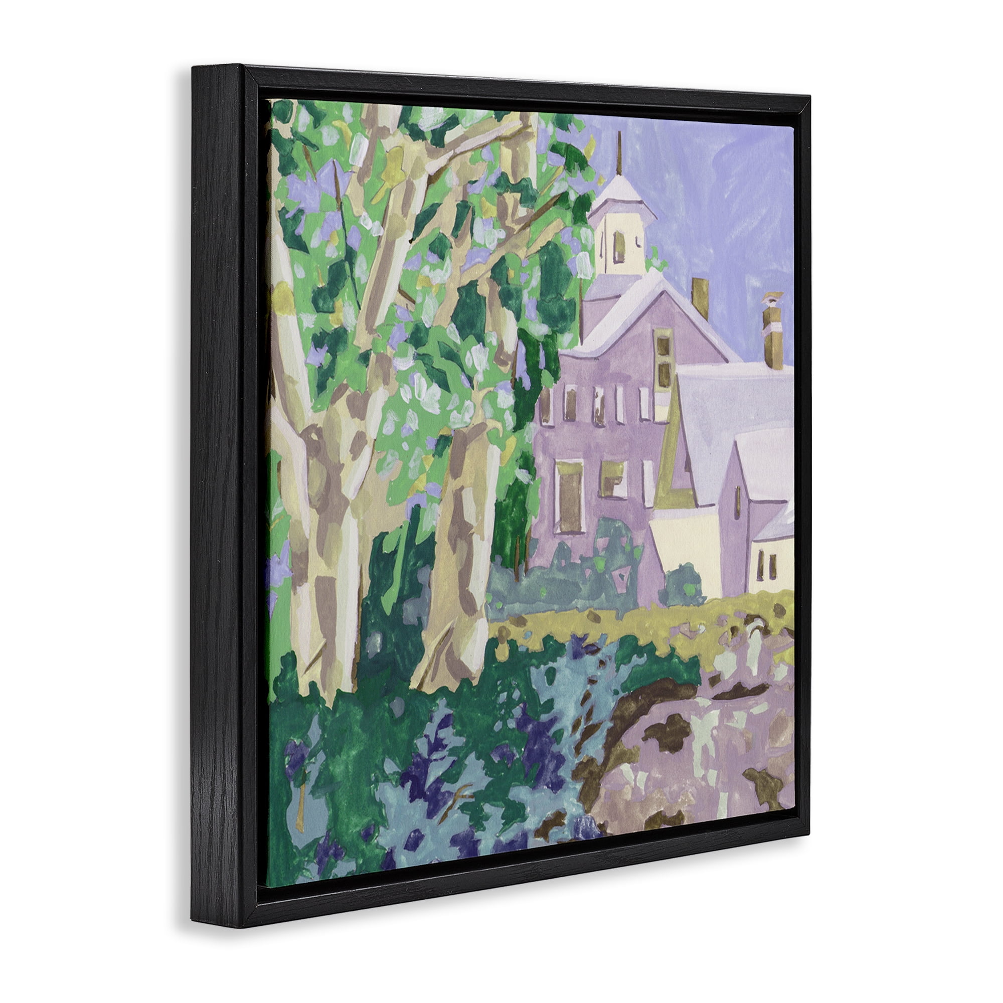 Stupell Industries Town Church Through Trees Buildings & Architecture Painting Black Floater Framed Canvas Art Print Wall Art, 25 x 25