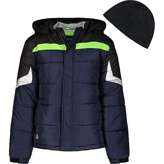 London Fog NAVY/GREEN Boys' 2 Pc Active Puffer Jacket   Fleece Hat,US M/5-6