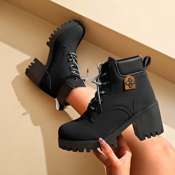 JUSLIO Winter Boots for Women,Chunky Heel Boots Solid Color Platform Fashion Casual Comfort Mid Calf Boots
