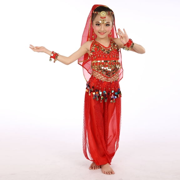 Mercatoo Girls Belly Dance Outfit Dancer 𝐂𝐨𝐬𝐭𝐮𝐦𝐞 Handmade Chiffon Top and Pants Halloween Carnival Performance Wear Sets