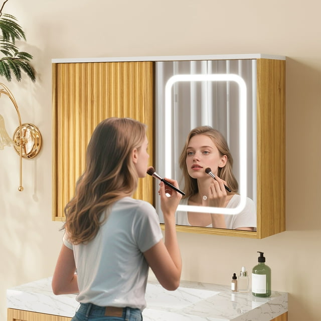 Bathroom Mirror Cabinet Wall Medicine Cabinet with 3-Color Dimmable Bathroom LED Mirror Medicine Cabinet Over The Toilet Storage Cabinet for Bathroom Kitchen Laundry Room