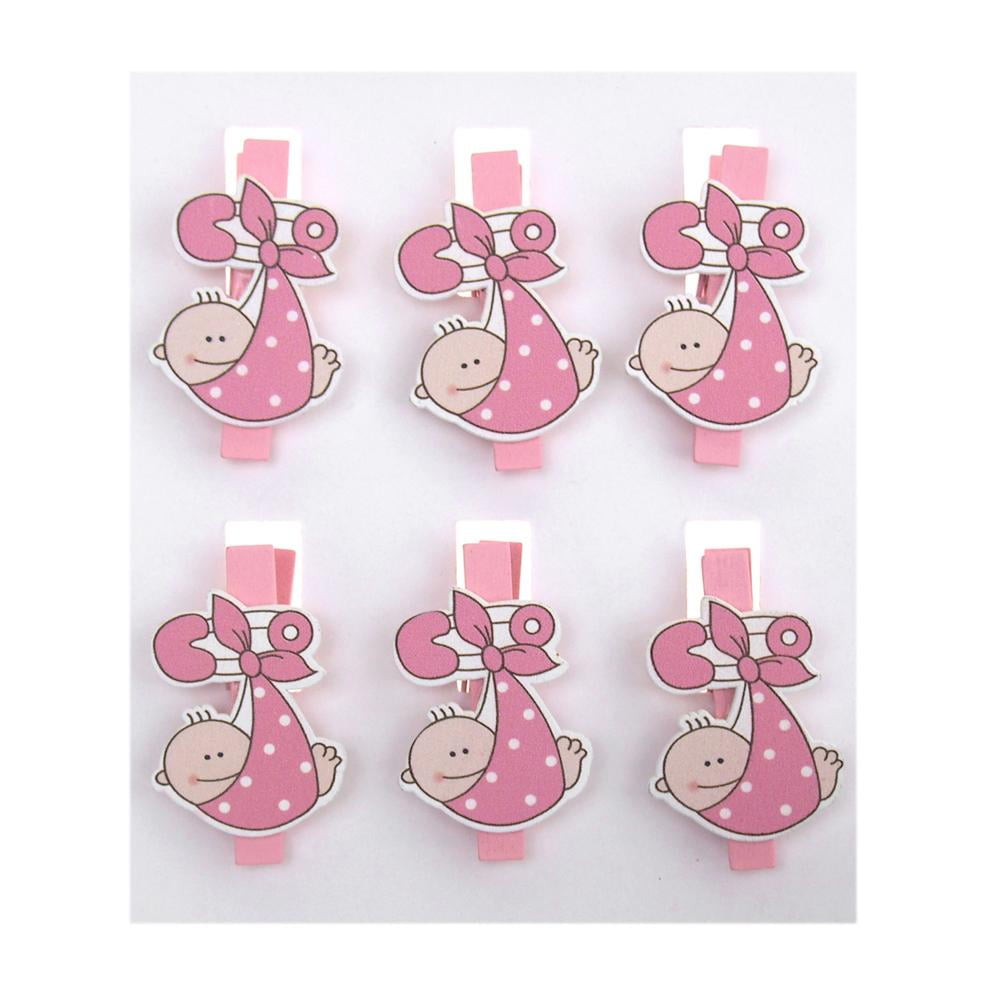 Baby with Safety Pin Wooden Clothespins Favors, 2Inch, 6Piece, Pink