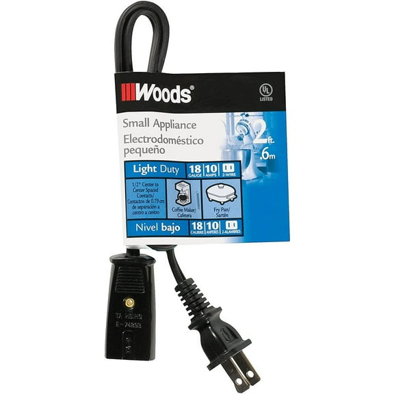 Woods 0293 18 Gauge 2 ft Black 1 Outlet Mini Plug Extension Cord