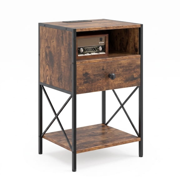 Furnibear Nightstand with Charging Station and USB Type-C Ports plus Drawer and Open Shelf for Bedroom and Living Room, Rustic Brown