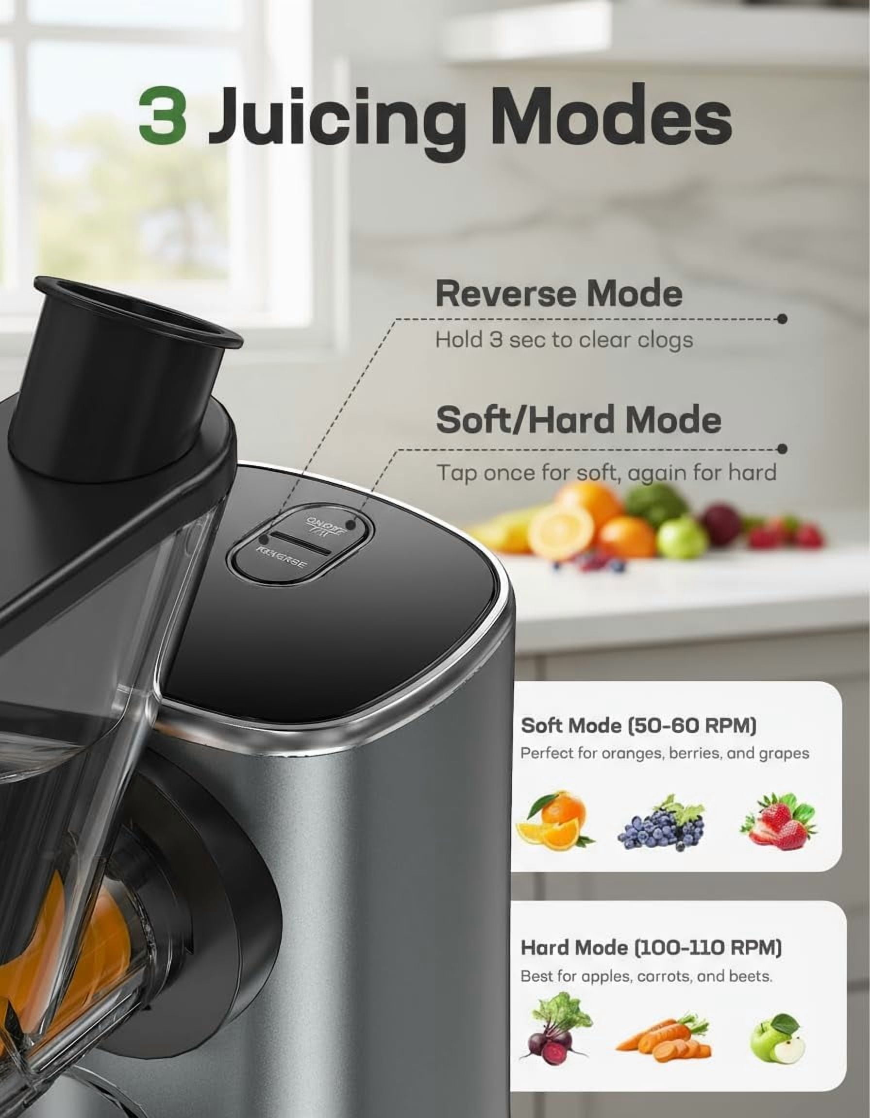 Slow Masticating Cold Press Juicer Machines, High Juice Yield, Self-Feeding with 5.4” Large Chute for Whole Vegetables & Fruits, Reverse Function