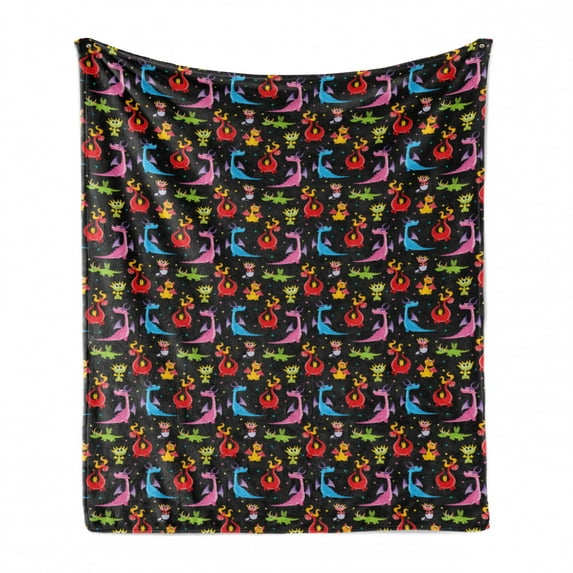 Dragon Soft Flannel Fleece Throw Blanket, Different Kinds of Colorful Comic Dragons on a Black Background with Little Stars, Cozy Plush for Indoor and Outdoor Use, 70" x 90", Multicolor, by Ambesonne