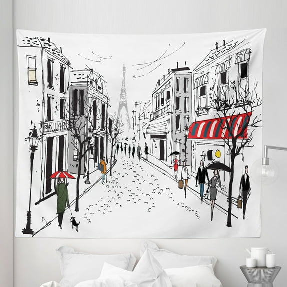 Colorful Tapestry, Old French Pedestrians Stores Trees and the Silhouette of Eifffel Urban Illustration, Fabric Wall Hanging Decor for Bedroom Living Room Dorm, 5 Sizes, Multicolor, by Ambesonne