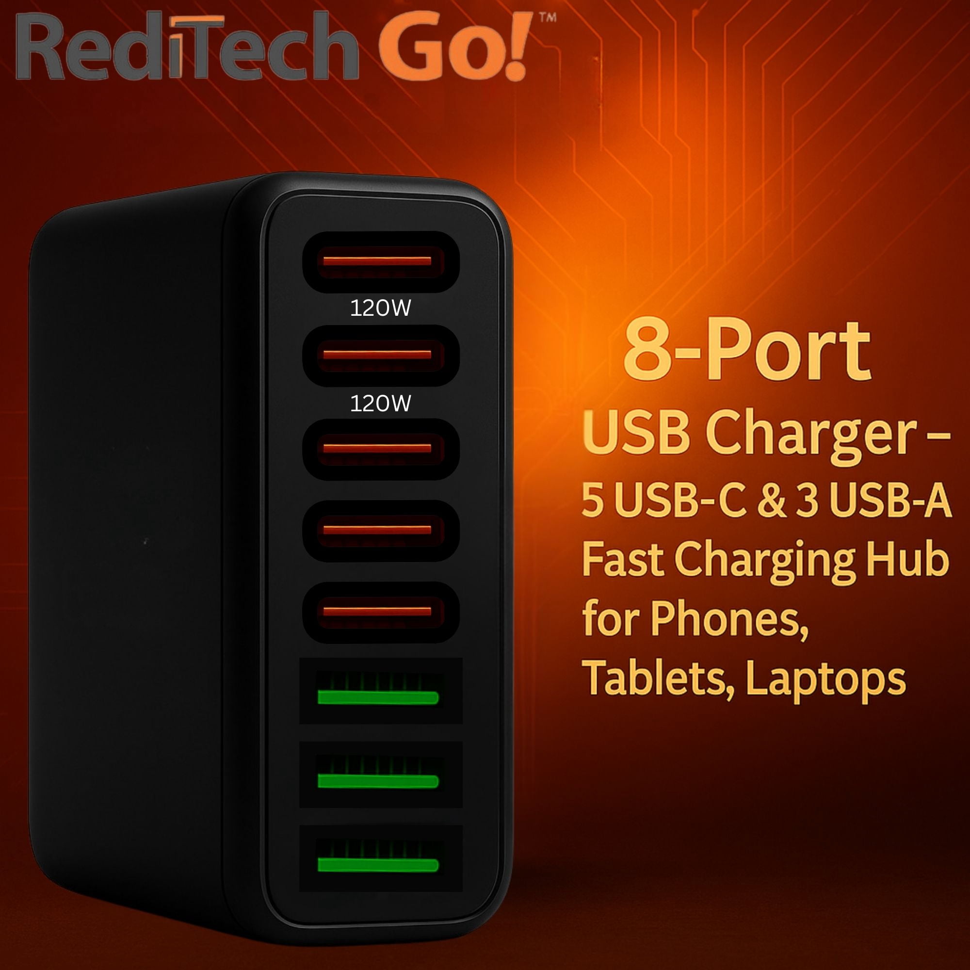 500W GaN USB-C Fast Charging Station – 8-Port Desktop Charger for Laptop, Phone, Tablet – PD 3.0 QC 3.0 – Power Cord Included
