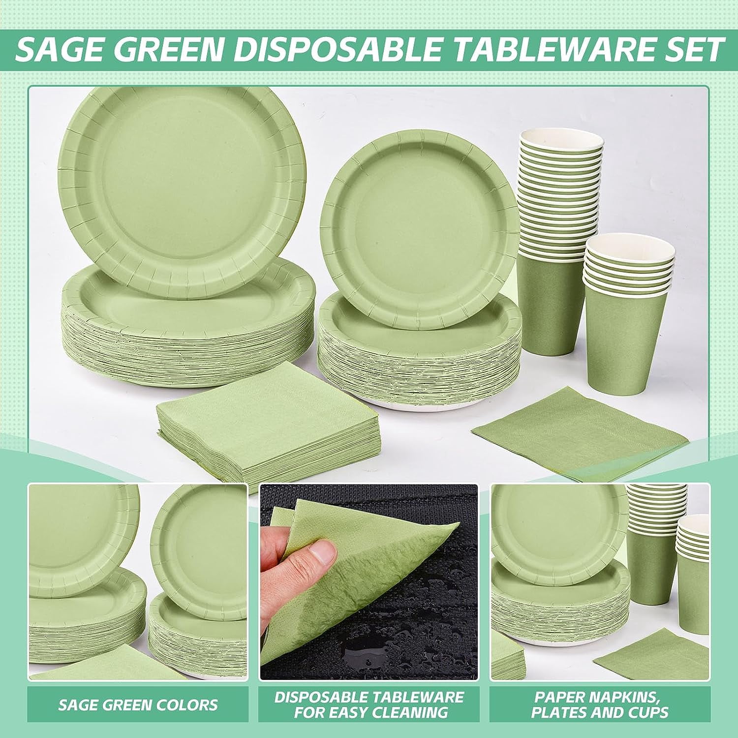 Set Vaisselle Jetable Anniversaire Vert Sauge 120 Pièces - Pour 24 Invités - Assiettes, Gobelets, Serviettes