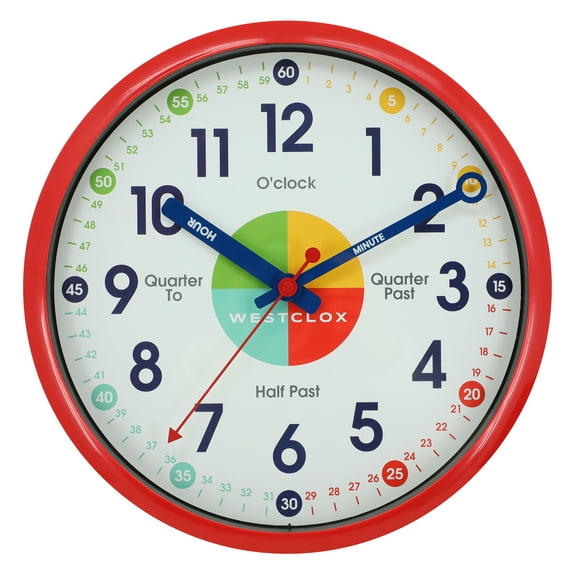 Westclox Red 12" Time Teacher Analog QA Wall Clock with Quiet Sweep Movement-Educational Timekeeping