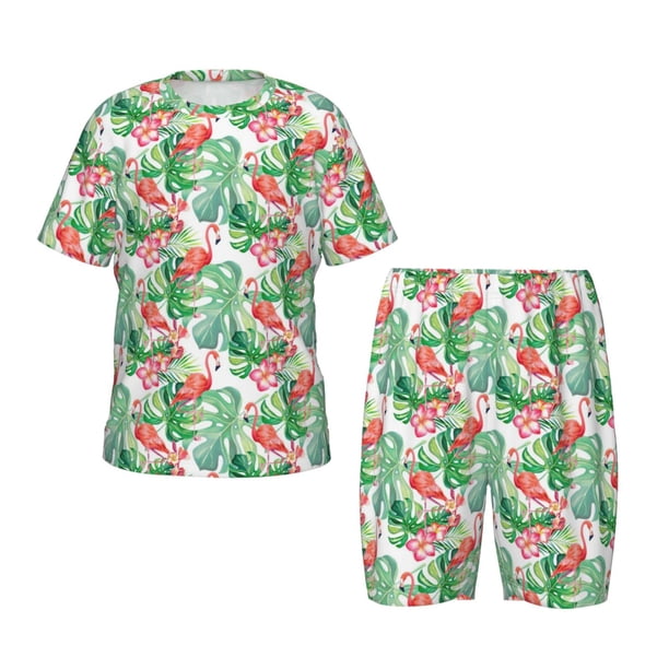 Balery Flamingo And Monstera Conjunto de Pijama Infantil de Manga Corta con Estampado – Ropa de Dormir de Algodón Suave-Large