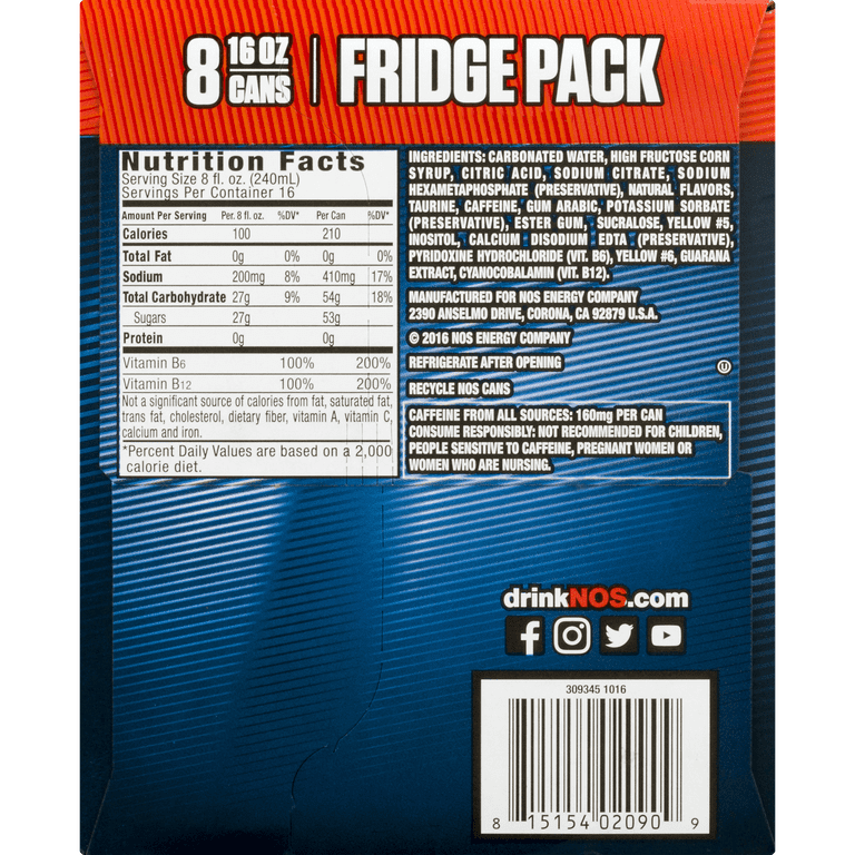 NOS High Performance Energy Drink, Original, 16 fl oz, 8 Pack with