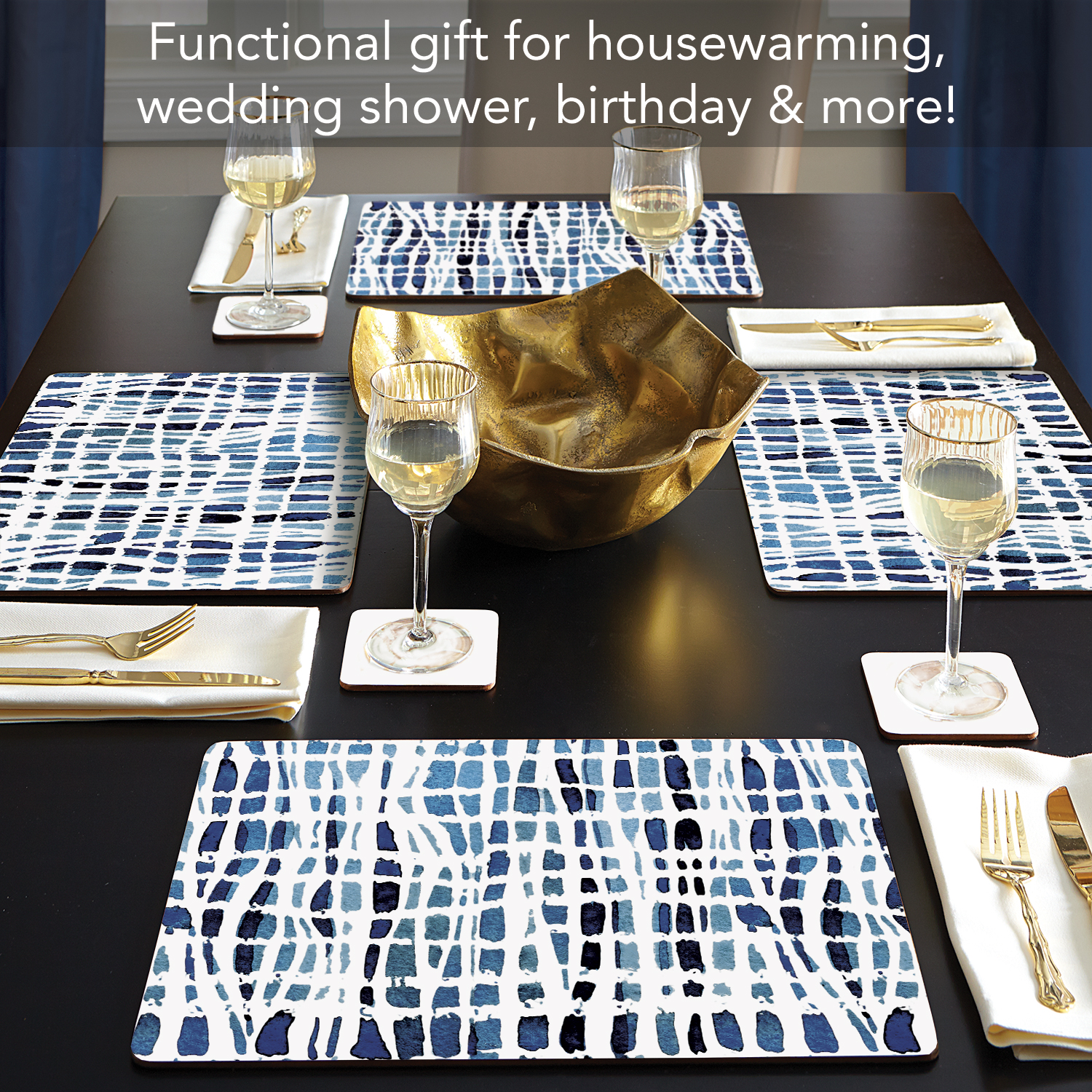 CounterArt "Indigo Wavy Lines" Hardboard Tabletop Placemats 4-Pack