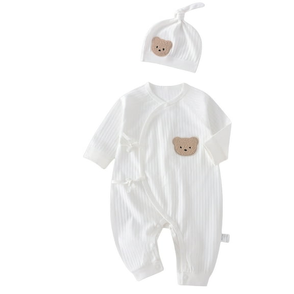 Baby Boy or Girl Bear Print Bodysuit & Hat, White, 0-6M, 100% Cotton, 2-Piece