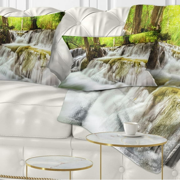 Designart Level Five of Erawan Waterfall - Landscape Printed Throw Pillow - 12x20
