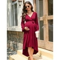 thumbnail image 2 of Women V Neck Wrap Maternity Dress Lantern Long Sleeve Tie High Waist A-Line Flowy Dress with Belt, 2 of 5