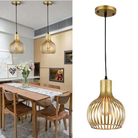 Modern Gold Pendant Light Fixture Hanging Ceiling Kitchen Island Metal Cage Lamp 110-120V 40W 7.87*9.44in for Living Rooms, Kitchens, Hallways