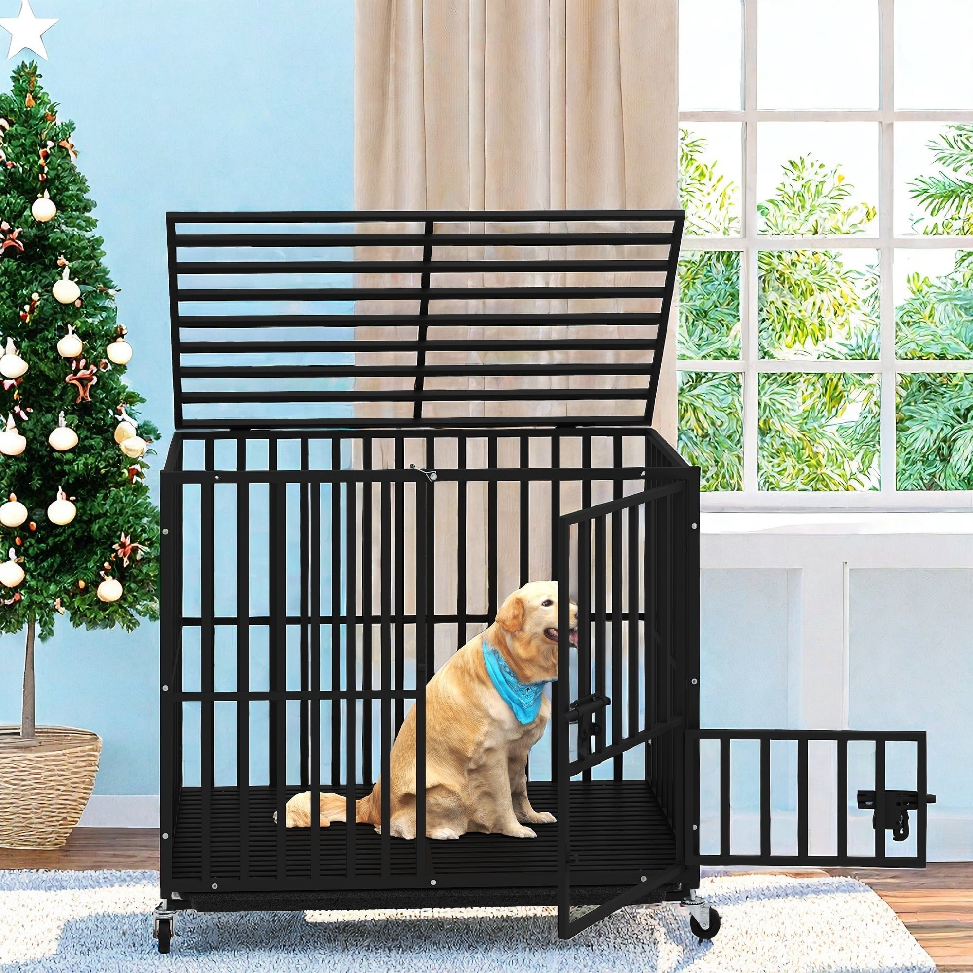 Uforic 37-Inch Heavy Duty Dog Crate with Lockable Wheels, Escape Proof Dog Cage Kennel with Removable Tray - Black