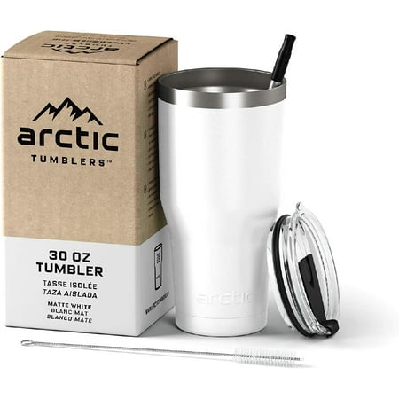 

| 30 oz Matte White Insulated Tumbler with Straw & Cleaner - Retains Temperature up to 24hrs - Non-Spill Splash Proof Lid Double Wall Vacuum Technology BPA Free & Built to Last
