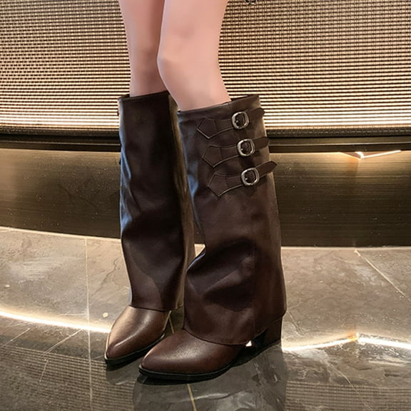 AUNVITO Women's Mid Heel Boots with Metal Buckles, Soft Leather Ankle Booties for Fall Winter, Comfortable Block Heel Shoes, Casual Cool Stylish Boots