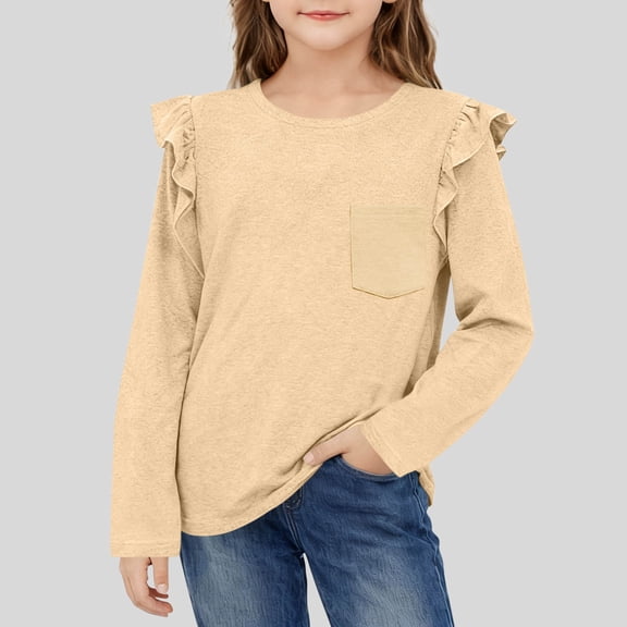 Lutiedan Girls Long Sleeve Shirts Kids Crewneck Lace Ruffle Sleeve Tee Tops Casual Cute Spring Clothes with Chest Pocket 5-15 Years