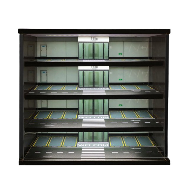 vitrina de exhibición de escena de estacionamiento a escala 1/64 vitrina de 5 niveles con iluminación LED, vista frontal centrada del diorama multicolor para 32 autos (5 niveles), paneles acrílicos transparentes, rampas y señalización de piso; dimensiones 36.8 x 18 x 35 cm. Suele usarse también como display de colección o decoración en estanterías.