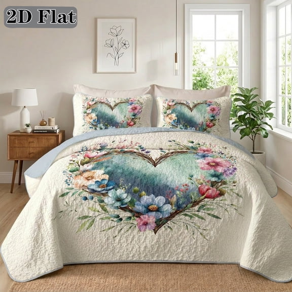 2/3PCS romantic heart floral bedspread set,1bedspread 1/2 pillowcases,multiple styles double-sided reversible use fabric comfortable soft breathable lightweight machine washable