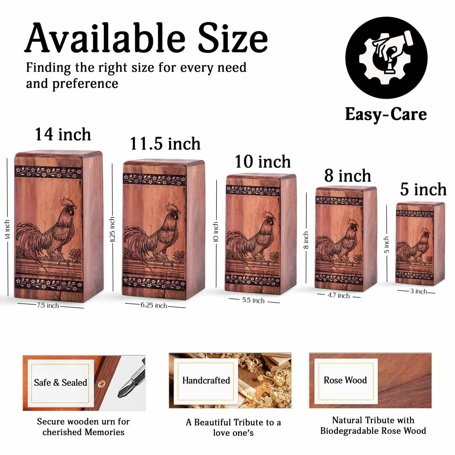 Chicken Wooden Handcrafted Cremation Urns for Human Ashes/Pet Ash, Chicken Theme Decorative Wood Urn Box for Memorial Ashes Women - Wood Ash Keepsake Urns - 11.25inch, Large Size - 1Pcs Pack