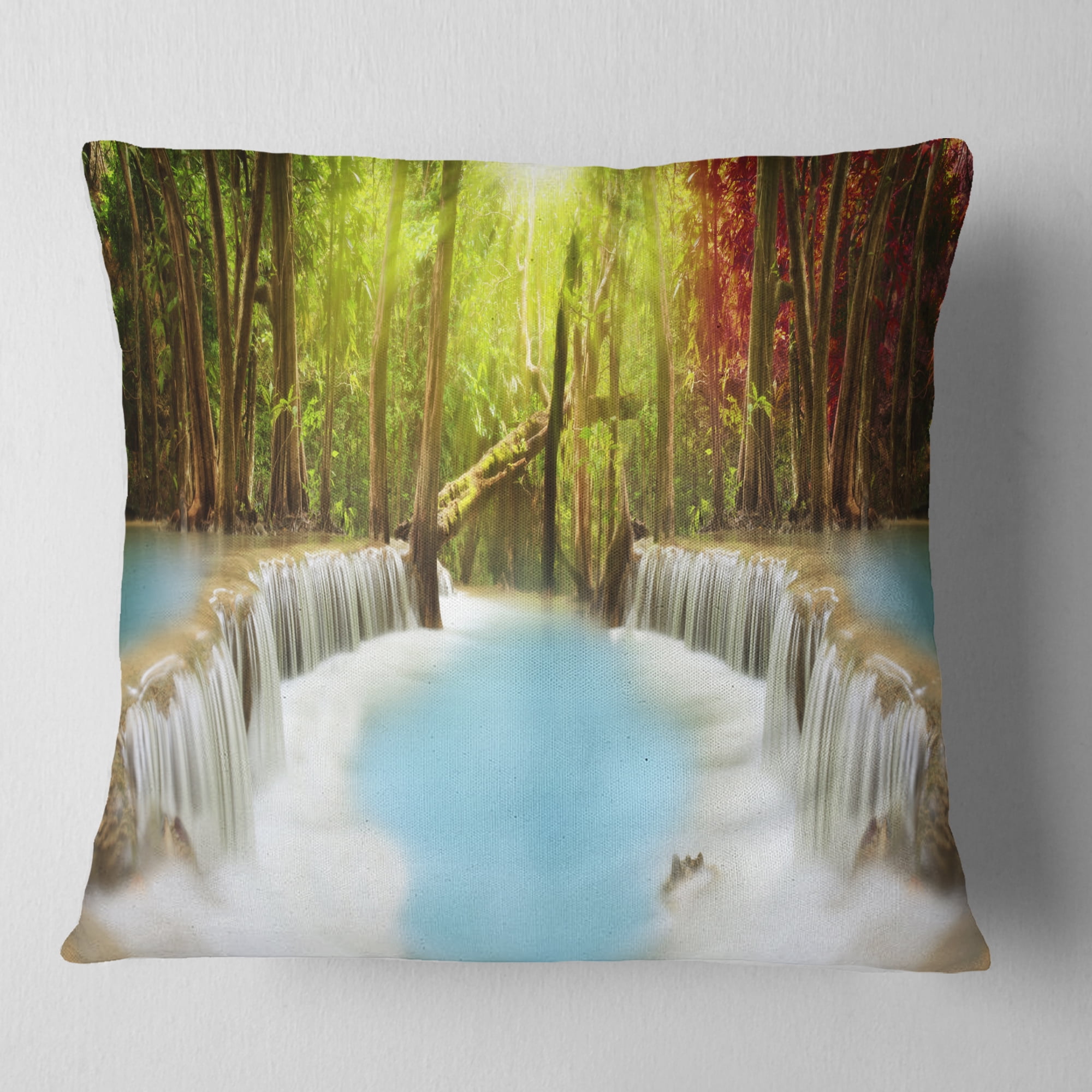 Designart Huai Mae Kamin Waterfall - Photography Throw Pillow - 18x18