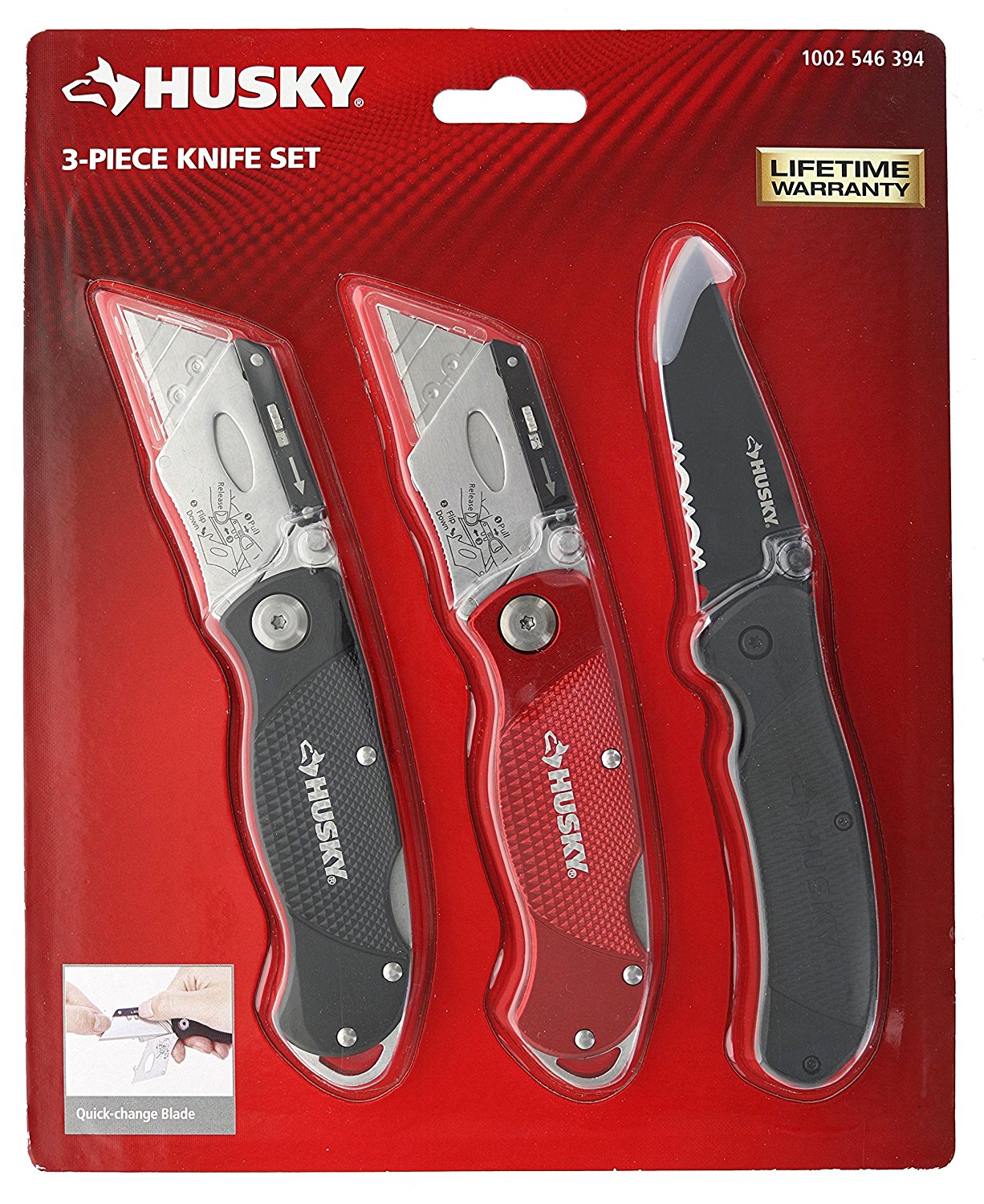 Husky 98383 3 Piece Utility Knife Set (1 Fixed Blade Knife, 2