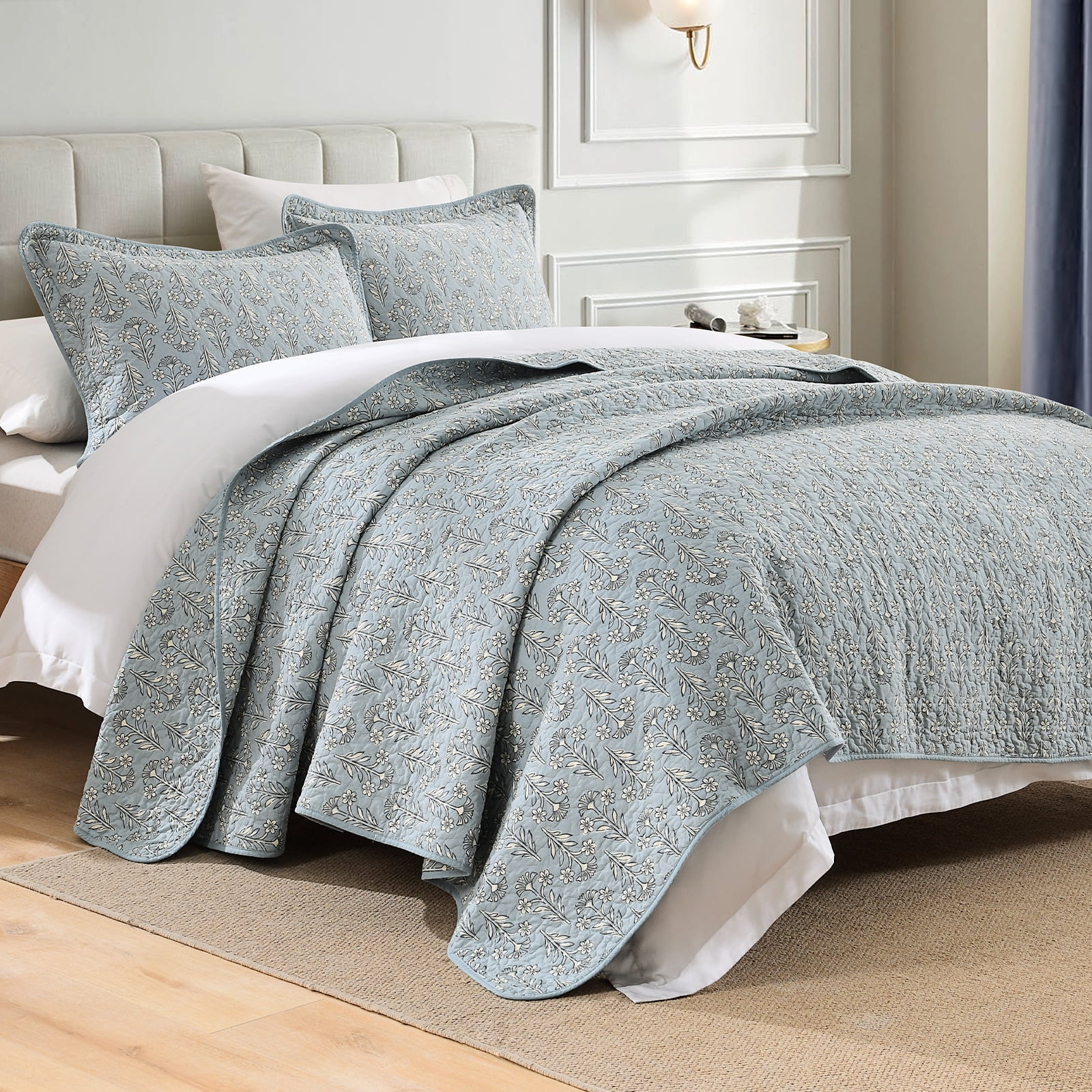 Bedduvit Dusty Blue Floral Quilt, 100% Organic Cotton Queen Size Quilt Set, Lightweight Quilted Bedspread for Queen Bed, Elegant Modern All Season 3-Piece Spring Summer Comforter Bedding Set, 98"x90"