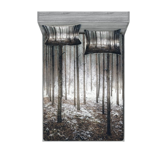 Ambesonne Forest Fitted Sheet & Pillow Sham Set, Nature Mystic Dark, Full, Brown White