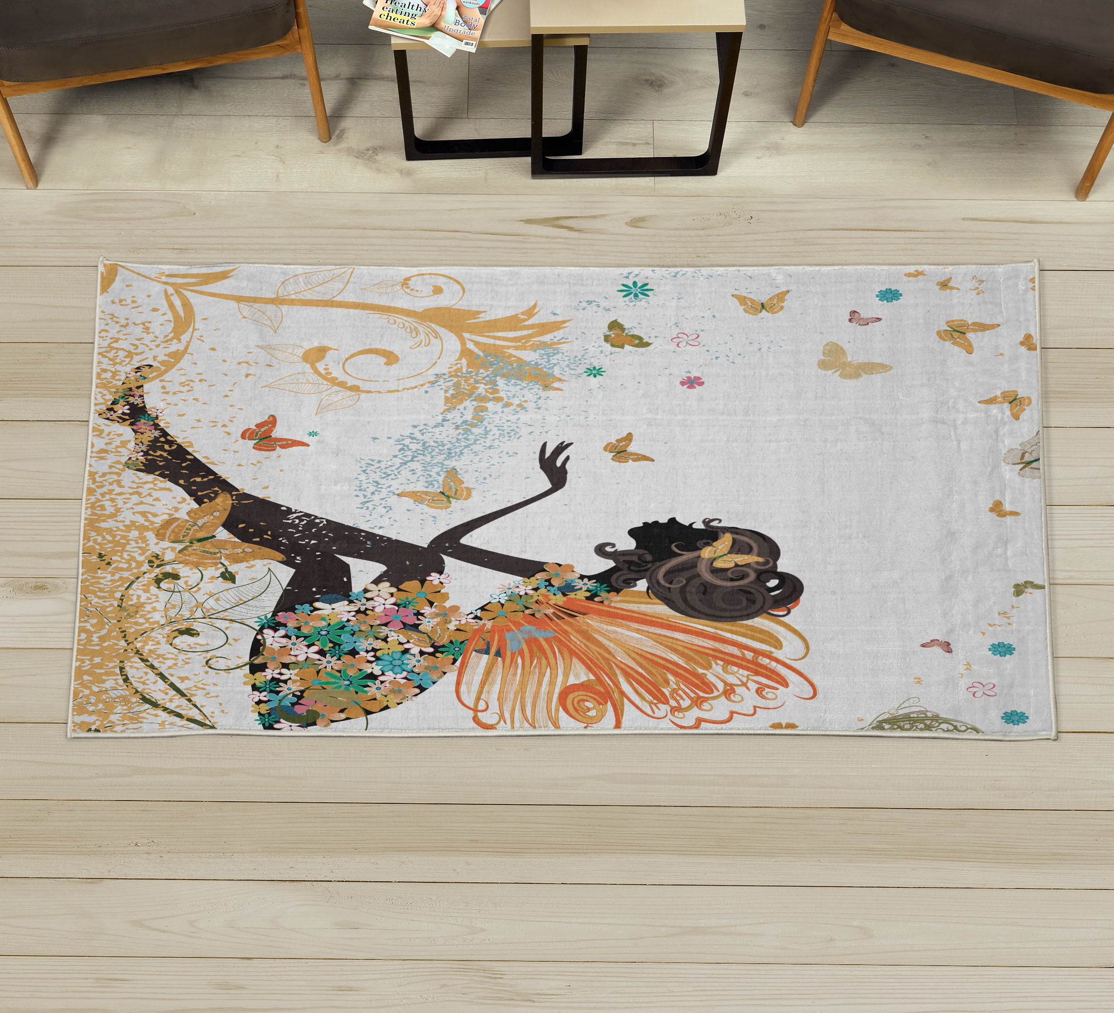 Fantasy Rug Collection Fantasy Decorative Rug, Spring Girl Wings in a Floral Dress Surreal ...