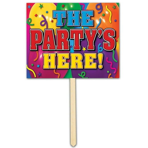 Party Central Pack of 6 Vibrantly Colored 'The Party's Here!' Yard Stake Sign Party Decorations 15"