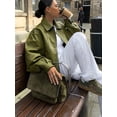 thumbnail image 1 of Chaqueta de cuero verde con cremallera de gran tamaño para mujer, abrigo informal de manga larga con cuello vuelto elegante, ropa informal suelta elegante para mujer, 1 of 5