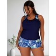 thumbnail image 2 of Plus Size Two Piece Tankini Swimsuit Ruched Navy Blue Top Tropical Leaf Print Shorts Tummy Control Navy, 2 of 7