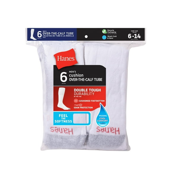 Hanes Men's Over the Calf Tube Socks 6-Pack White Enforced Toe Fresh IQ sz 6-12