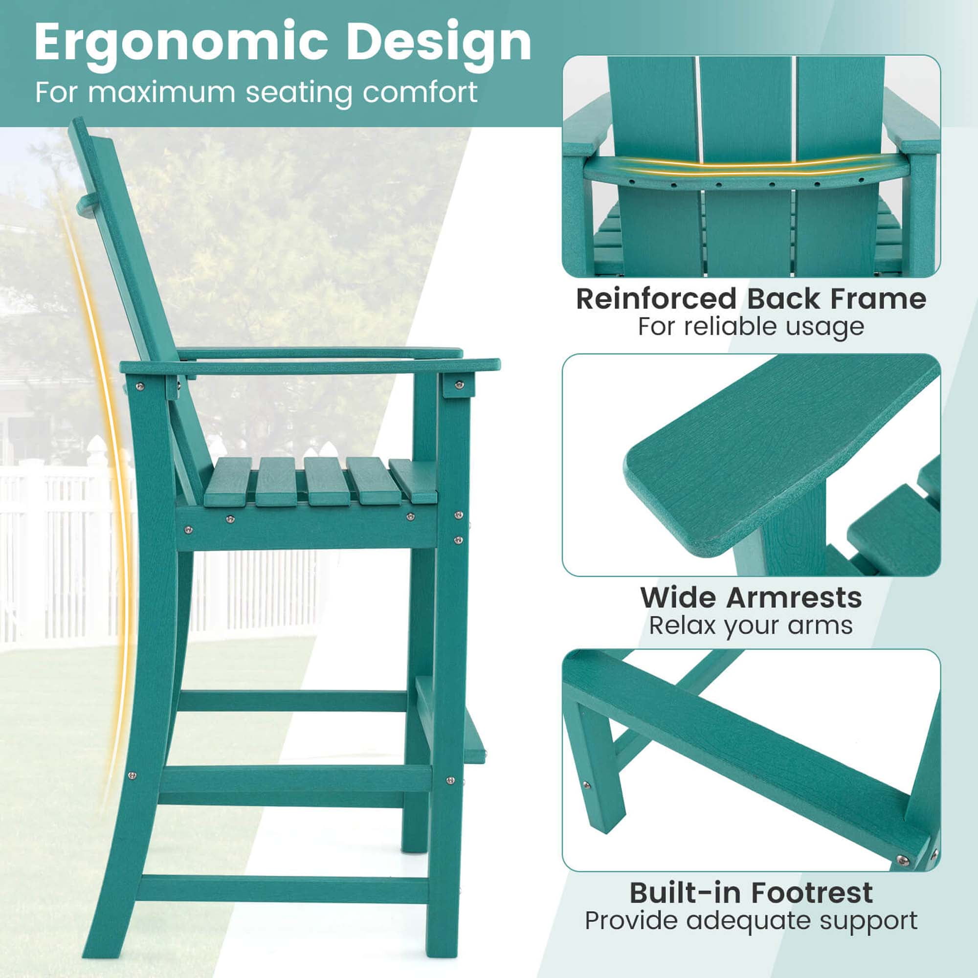 Costway Tall Adirondack Chair with Ergonomic Backrest Armrests & Footrest for Backyard Turquoise