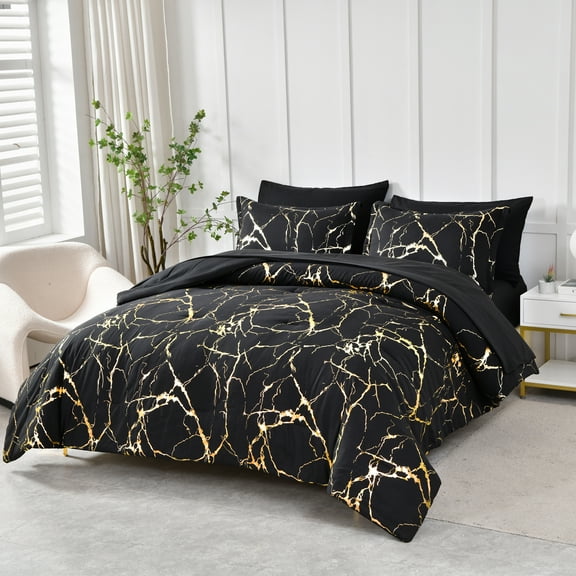 Flymme Black Marble Comforter Sets Queen Size Bed in a Bag 7 Pieces Modern Gold Marble Texture Bedding Comforter Set with Sheets for All Season