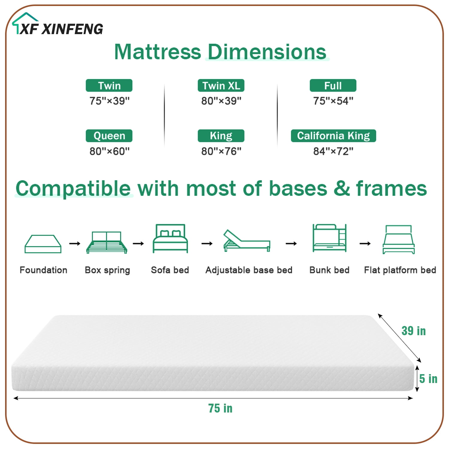 XF XINFENG 5" Twin  Memory Foam Mattress Fiberglass Free Single Medium Comfort Sleep & Comfy Support, White,Twin