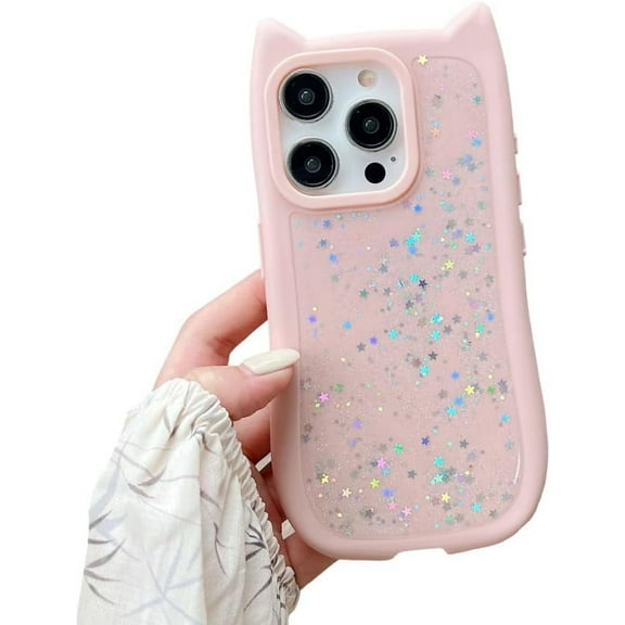 for iPhone Case,Cute Glitter Sparkle Sparkly Silicone Cat Ear Shape Camera Lens Protection Soft Shockproof Phone Case (Pink,iPhone 13 Pro)