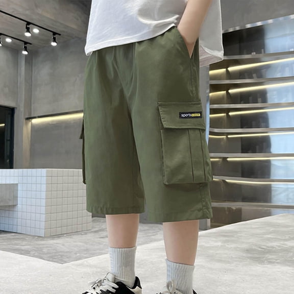 WQNVRNR Boys Cargo Shorts- Pockets Soft Casual Elastic Waist Summer Shorts Army Green Size 7 Years