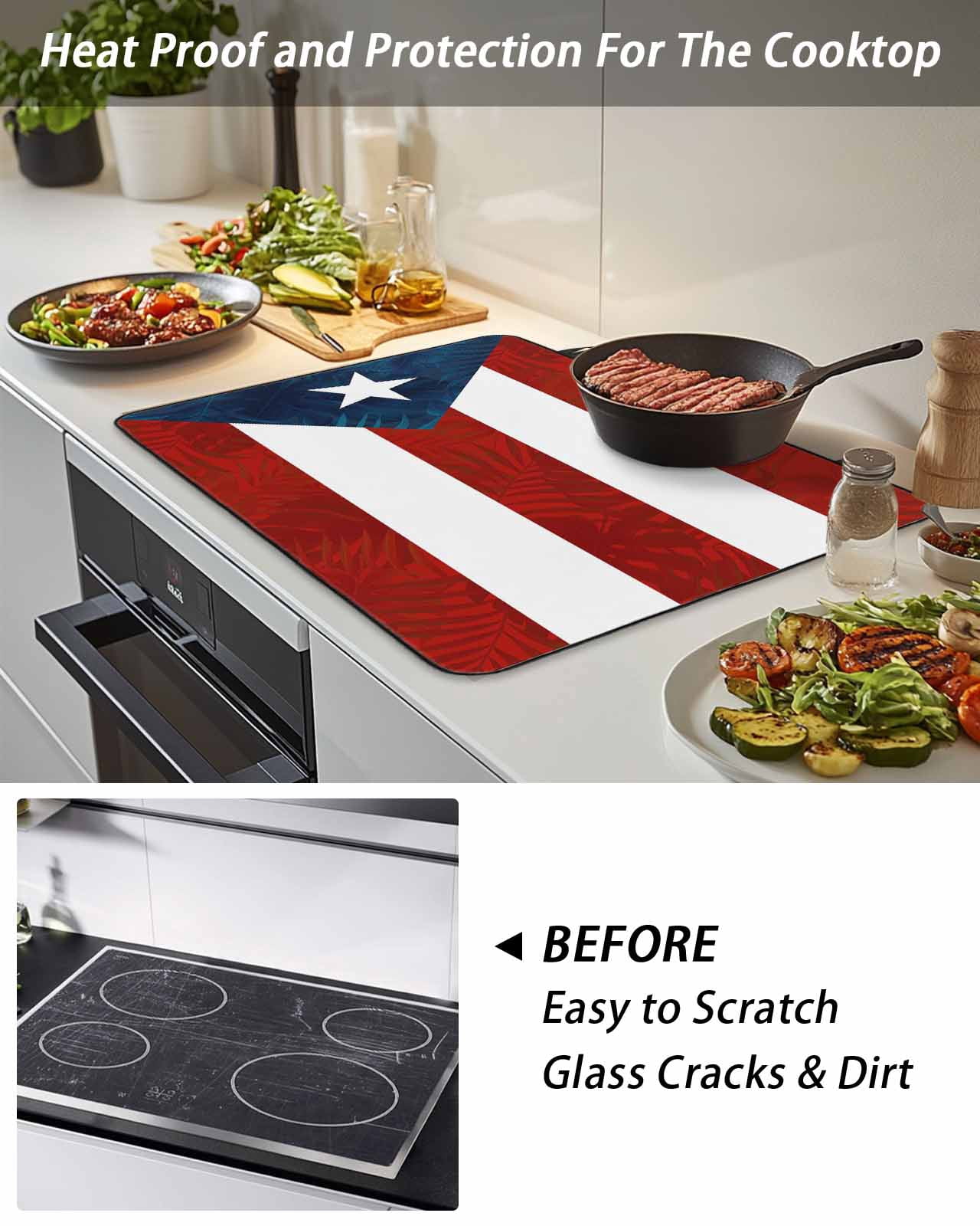 Stove Top Covers for Electric Stove, Puerto Rico Flag Glass Stovetop Cover Protector, Palm Leaf Botanical Red Striped Blue Star Induction Cooktop Protector Oven Mat for Kitchen Countertop 24"x21"