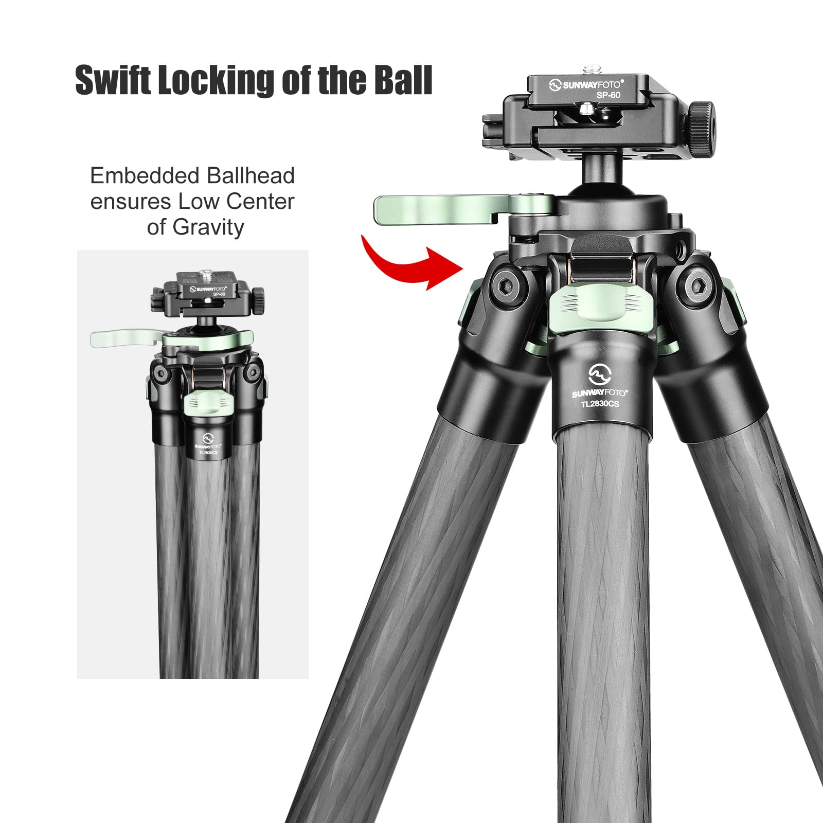 Sunwayfoto TL2830CS-D Carbon Fiber Tripod with Lever Locks for Hunting with Inverted Ball Head,3 sections, 44lb(20kg) Load