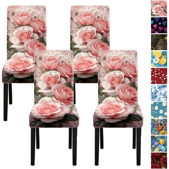 Qeenking Chair Covers Set of 4, Stretch Spandex Parsons Chair Slipcovers, Pink Rose Floral Lace Pattern, Removable Washable Qeenking Room Kitchen Chair Protectors