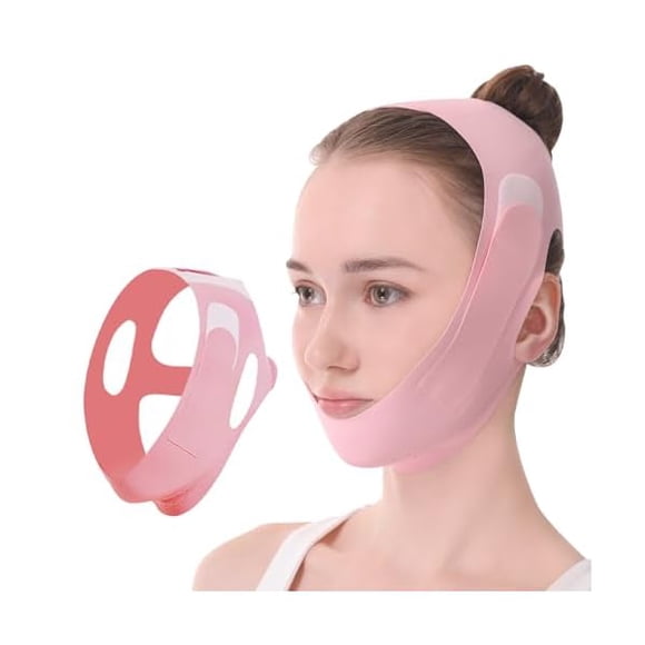 AoVoTo Chinstrap for Sleeping, Ice Silk Face Lift Band for Double Chin Reduction & Jawline Contouring, V-Shape Facial Lifting Strap for Overnight Tightening (Pink)