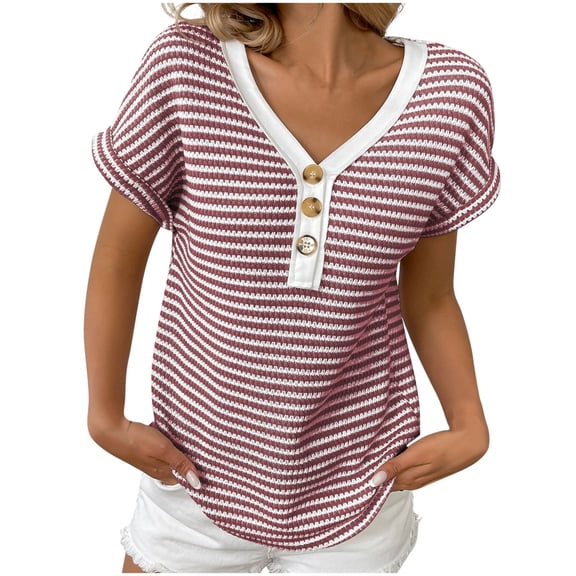 Lenpel Tops for Women Trendy Short Sleeve V Neck Quarter Button Striped Knitted T-Shirts Loose Tunic Blouses Fashion Tees