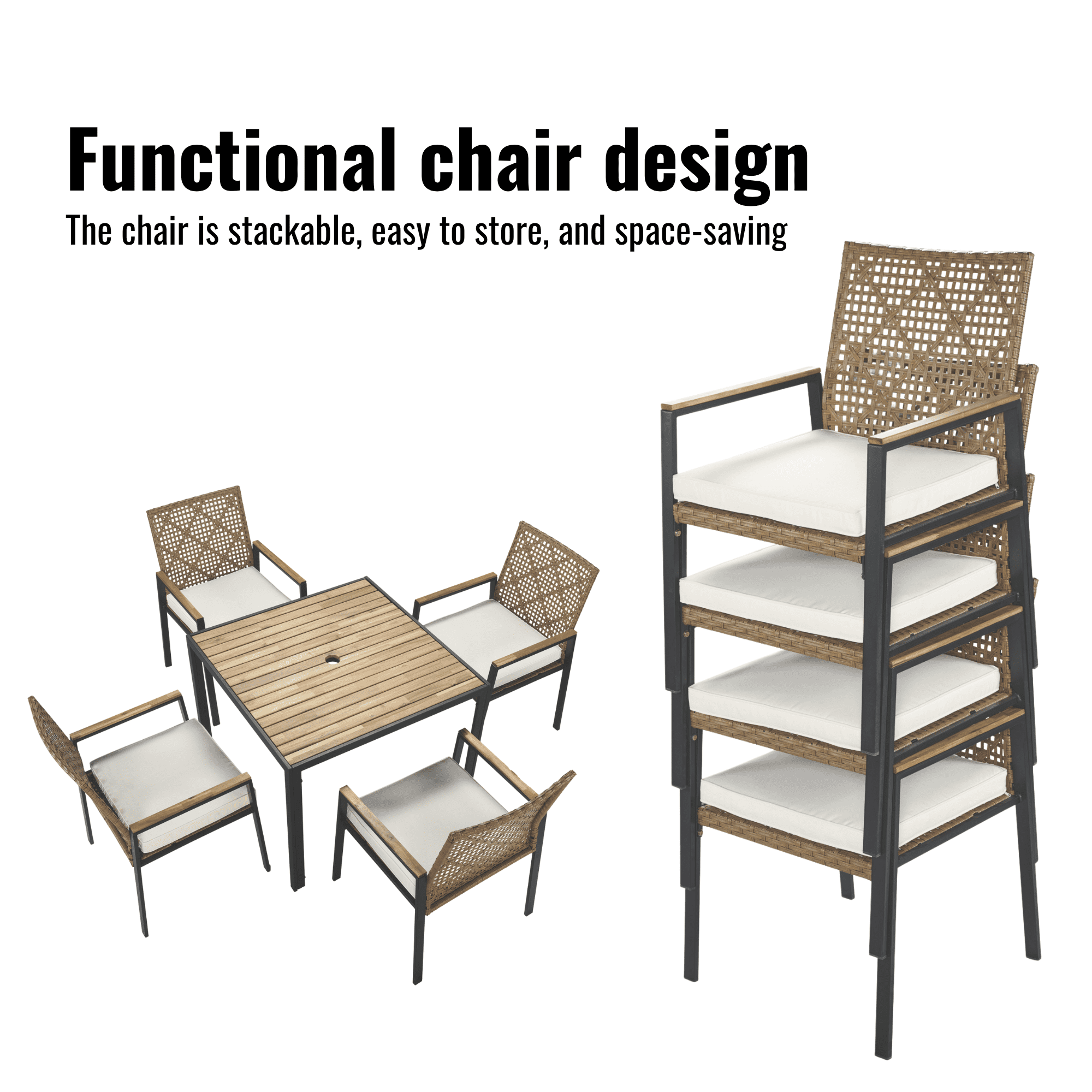 5-Piece Patio Dining Table Sets,All Weather Patio Furniture Sets Acacia Wood Table Top with Umbrella Hole,Yellow