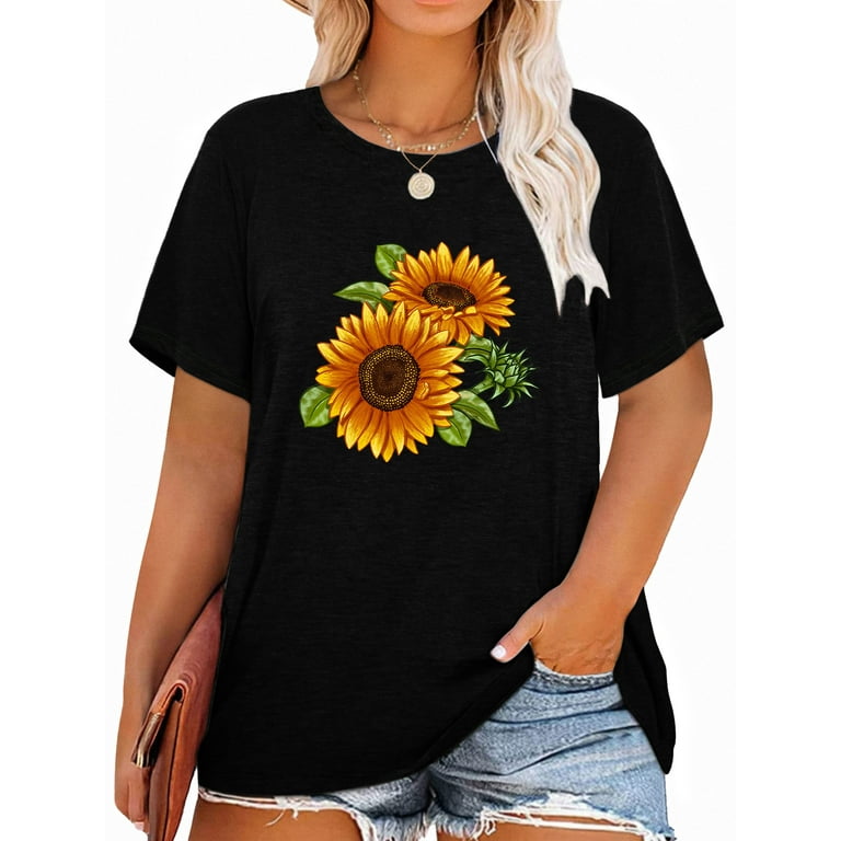 Anbech Sunflower Plus Size T Shirts for Women Graphic Sunflower Print Oversize Short Sleeves T Shirt with Round Neck
