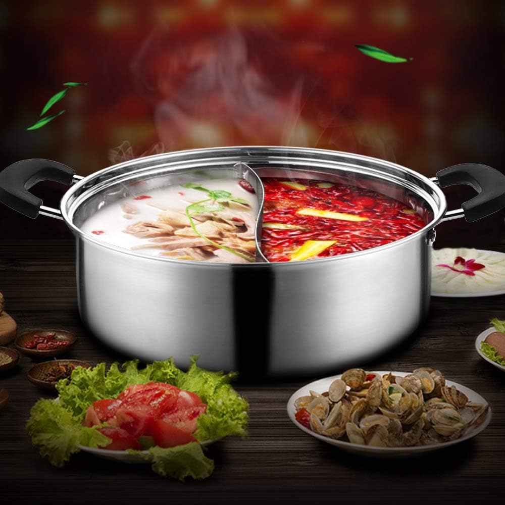 304 Food Grade Stainless Steel Shabu Shabu Hot pot with Divider&Lid for Induction Cooktop Gas Stove Dual Sided Soup Cookware (stainlees steel, 11 inch)